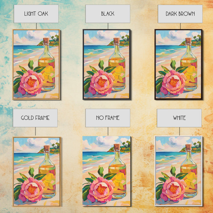 Beach Flower And Glass Bottle Canvas Print, Coastal Wall Art, Tropical Home Decor, Ocean Wall Decor, Summer Kitchen Art Print