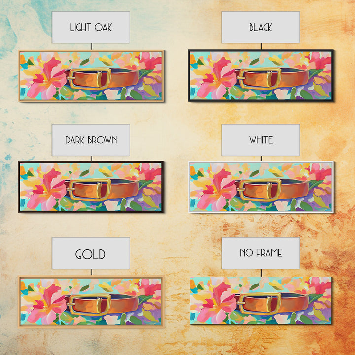 Leather Belt With Gold Buckle And Pink Flowers Wall Art, Feminine Wall Decor, Western Decor, Floral Canvas Print, Gift For Her