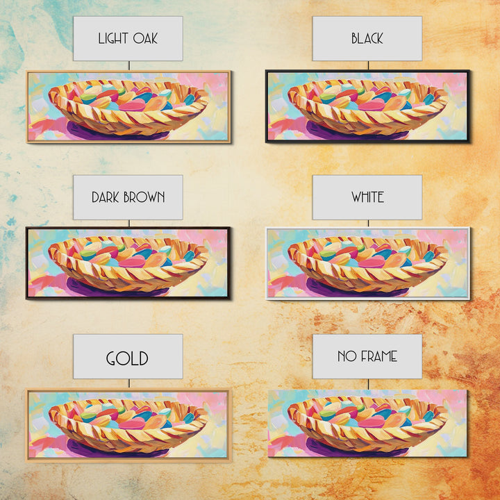 Woven Basket Of Colorful Candy Canvas Print, Whimsical Kitchen Wall Art, Dopamine Decor, Playful Dining Room Art Print Gift