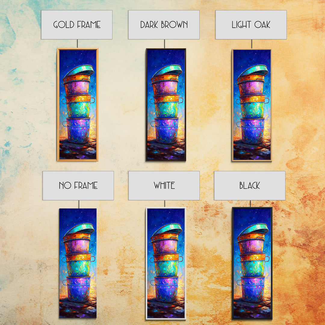 Stacked Rainbow Metal Buckets Framed Canvas Print, Rustic Farmhouse Wall Art, Colorful Laundry Room Decor, Unique Art Gift