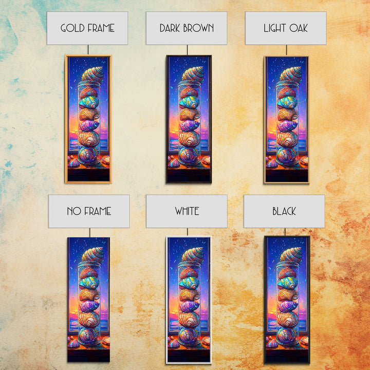 Stacked Rainbow Seashells In Window Framed Canvas Print, Coastal Wall Art, Beach House Decor, Nautical Wall Decor Housewarming Gift