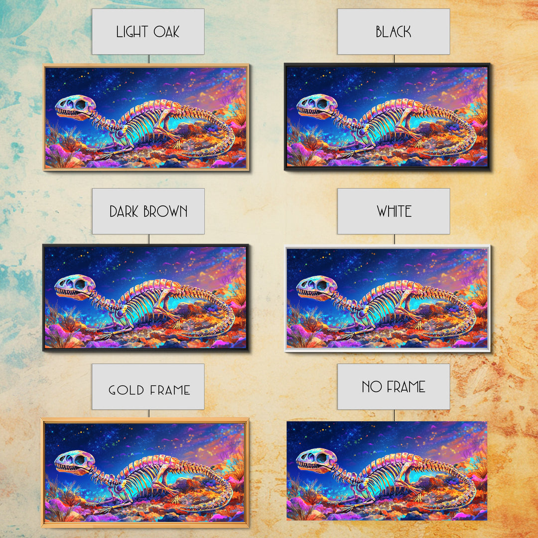 Colorful Dinosaur Skeleton Wall Art, Cosmic Fossil Fantasy Painting, Vibrant Science Decor, Kids Room Canvas Print, Dinosaur Gift