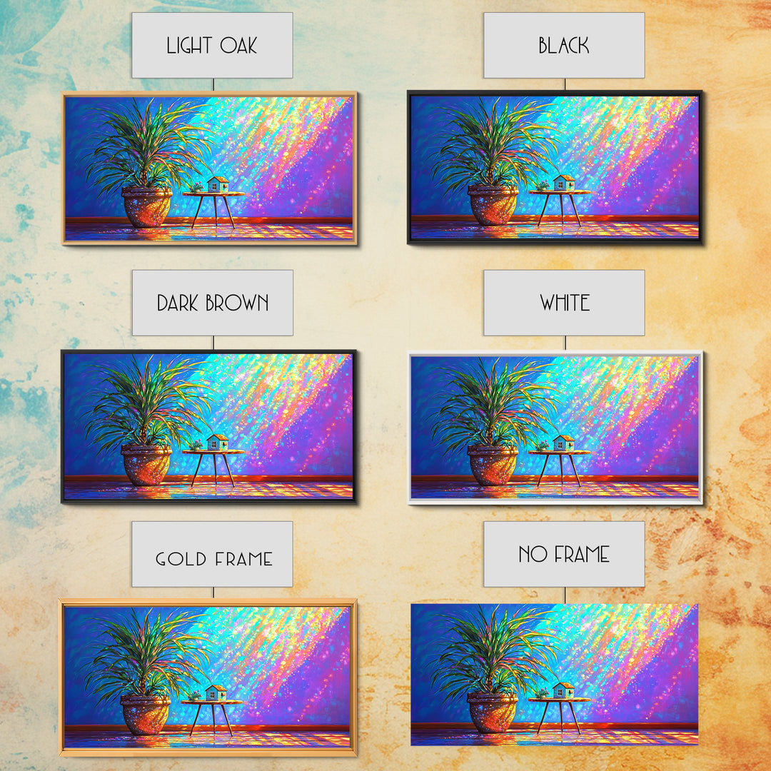 Potted Palm And Tiny House Wall Art, Rainbow Sunlit Room Still Life, Colorful Plant Decor, Modern Framed Canvas Print Gift