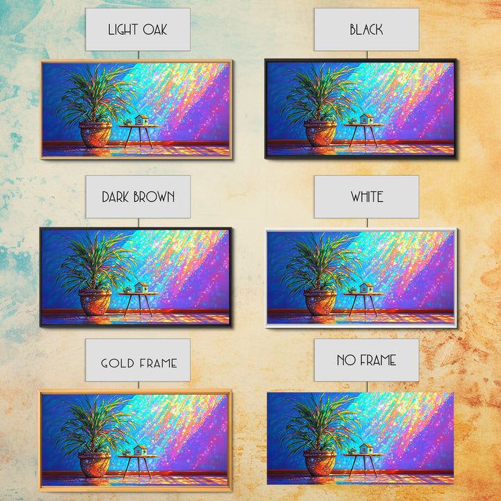 Potted Palm And Tiny House Wall Art, Rainbow Sunlit Room Still Life, Colorful Plant Decor, Modern Framed Canvas Print Gift