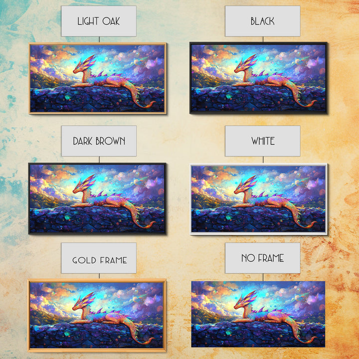 Rainbow Dragon Resting On Stone Wall Art, Whimsical Fantasy Creature Painting, Colorful Nursery Decor, Framed Canvas Print