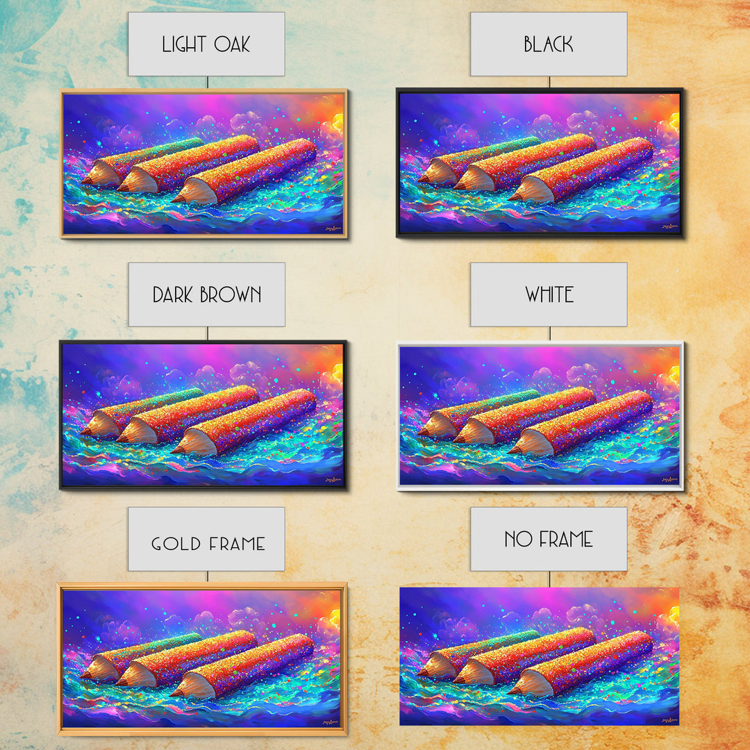 Giant Colorful Pencils In Ocean Waves Wall Art, Whimsical Art Supply Painting, Creative Studio Decor, Framed Canvas Print
