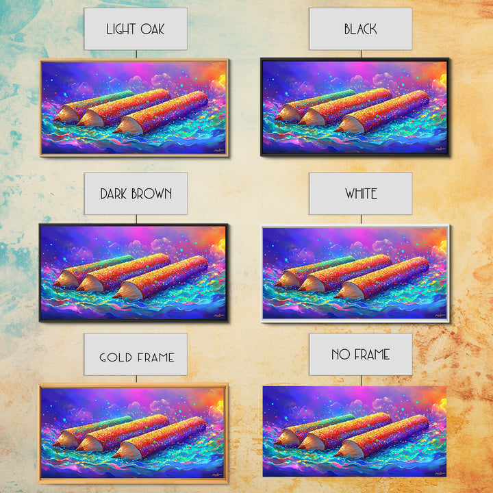 Giant Colorful Pencils In Ocean Waves Wall Art, Whimsical Art Supply Painting, Creative Studio Decor, Framed Canvas Print