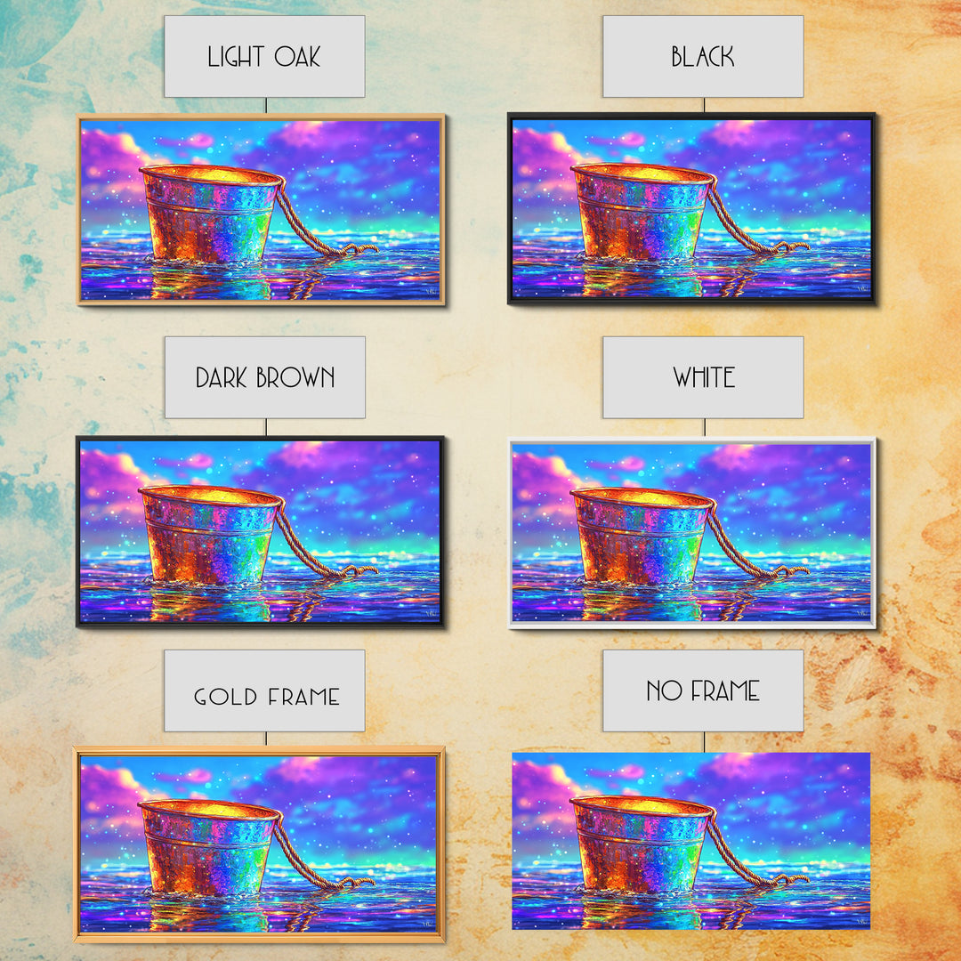 Rainbow Rusty Bucket Floating On Ocean Waves Canvas Print, Colorful Coastal Wall Art, Beach House Decor, Surreal Seascape