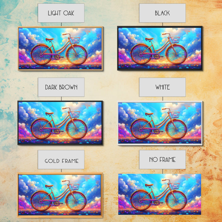Rainbow Cruiser Bicycle Under Dreamy Clouds Canvas Print, Whimsical Wall Art, Kids Room Decor, Colorful Nursery Art Gift