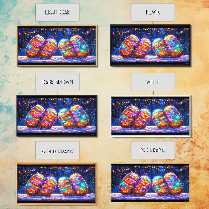 Glowing Rainbow River Stones Under Fairy Lights Canvas Print, Whimsical Wall Art, Dopamine Decor, Colorful Abstract Art Print