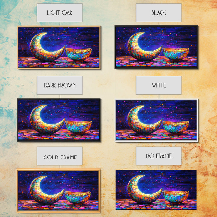 Mosaic Crescent Moon And Bowl Wall Art, Celestial Night Sky Decor, Mystical Boho Canvas, Gift For Her Home Decor, Moon Phase Art