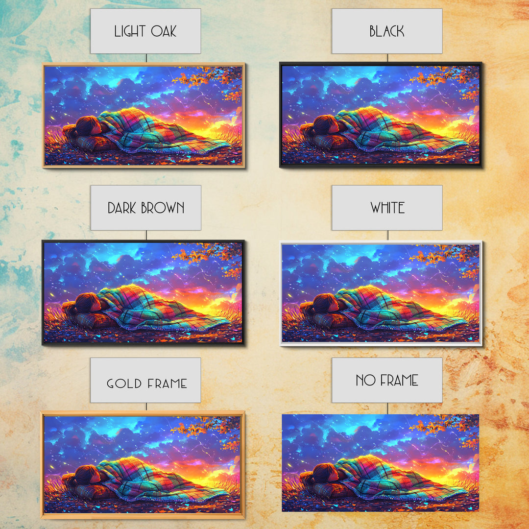 Sleeping Under Rainbow Blanket At Sunset Framed Canvas Print, Cozy Wall Art For Bedroom Decor, Calming Landscape Wall Art