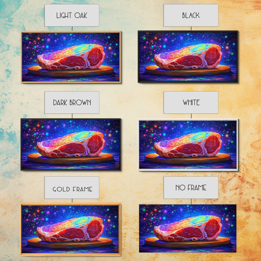 Rainbow Steak On Wooden Board Canvas Print, Bold Food Wall Art, Kitchen Decor, Restaurant Poster, Gift For Chef Or Foodie