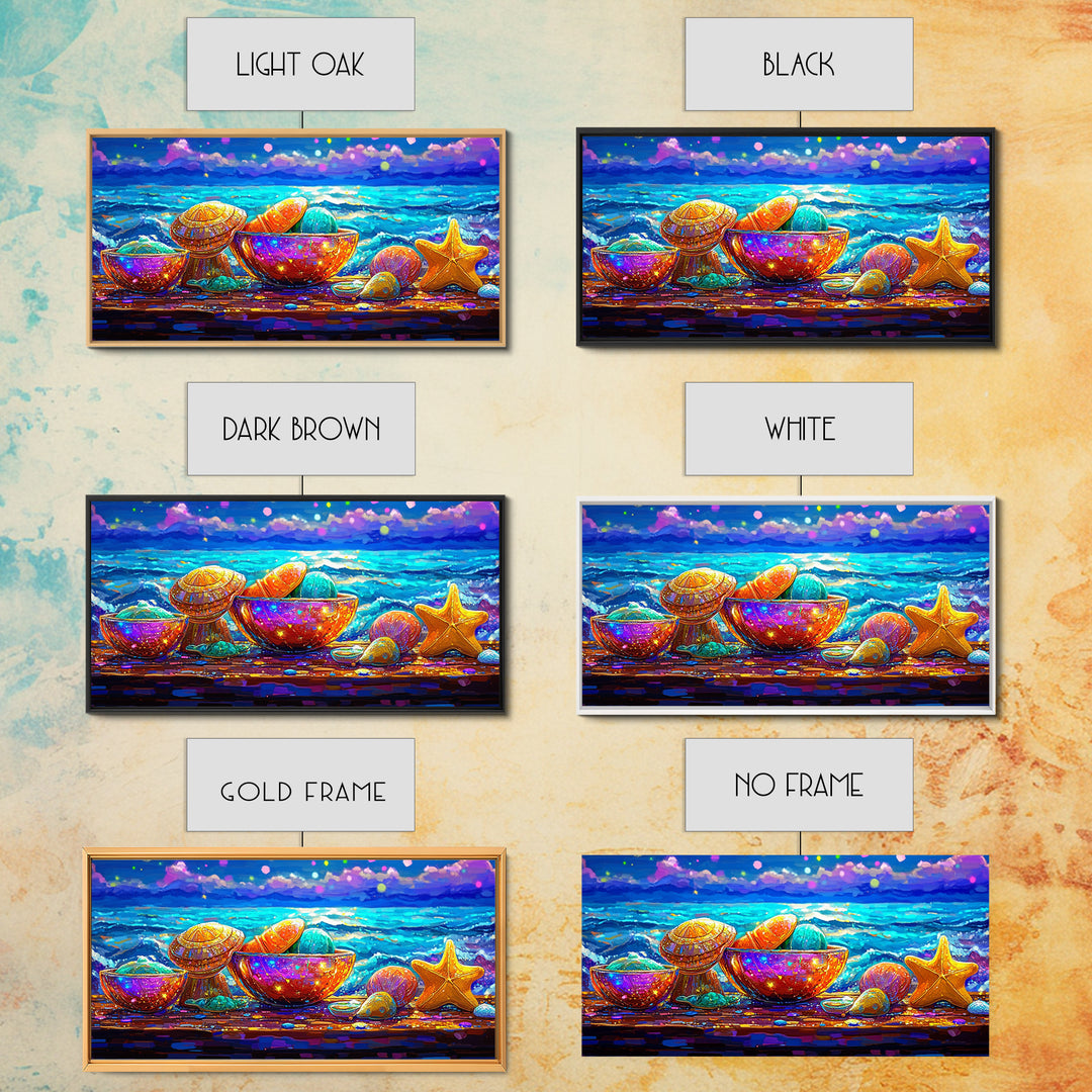 Rainbow Seashells And Starfish By Ocean Canvas Print, Coastal Wall Art, Beach House Decor, Nautical Living Room Art, Ocean Wall Decor