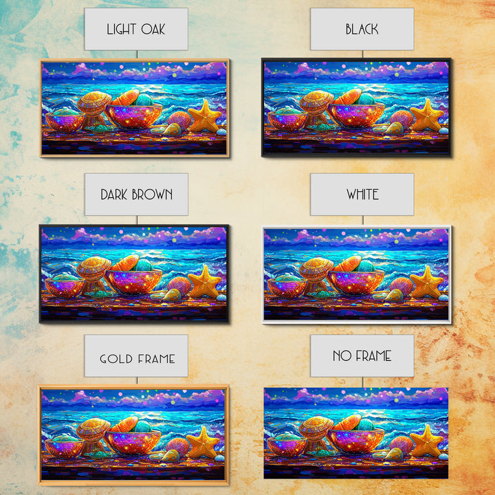 Rainbow Seashells And Starfish By Ocean Canvas Print, Coastal Wall Art, Beach House Decor, Nautical Living Room Art, Ocean Wall Decor