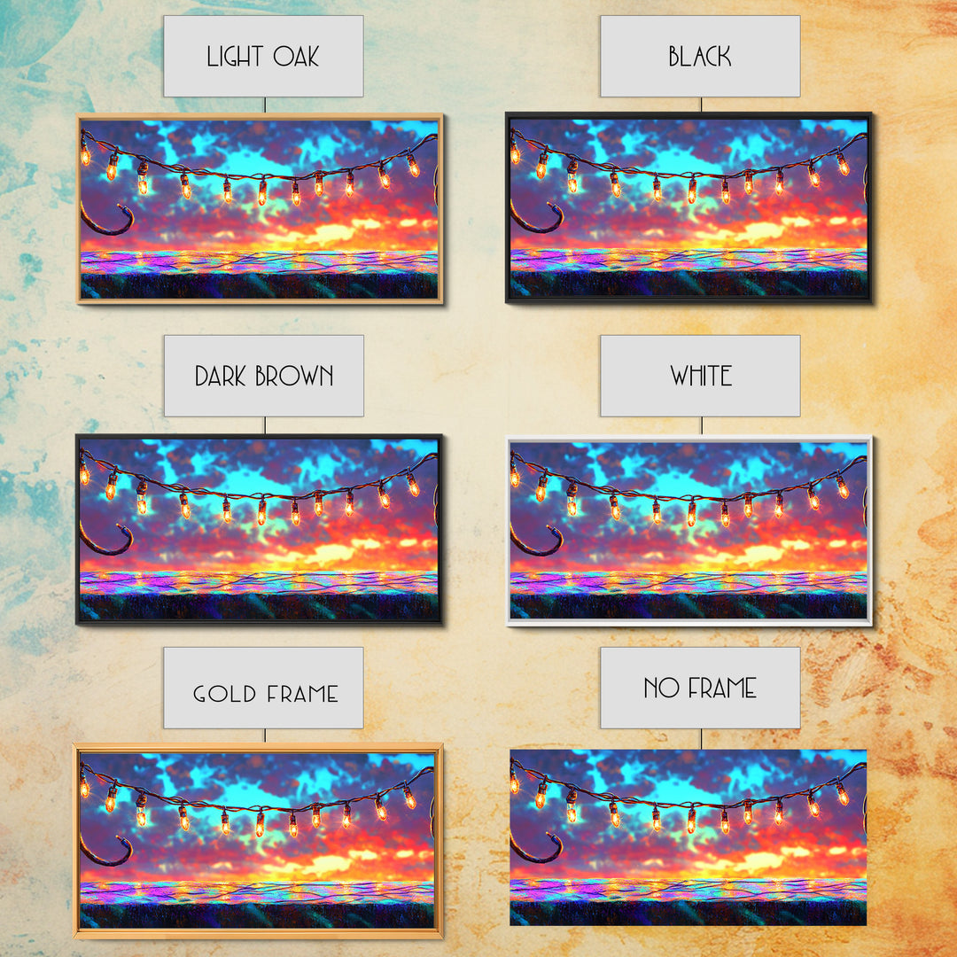 String Lights Over Sunset Patio Canvas Print, Outdoor Wall Art, Patio Decor, Rustic Home Decor, Summer Wall Decor, Gift For Her