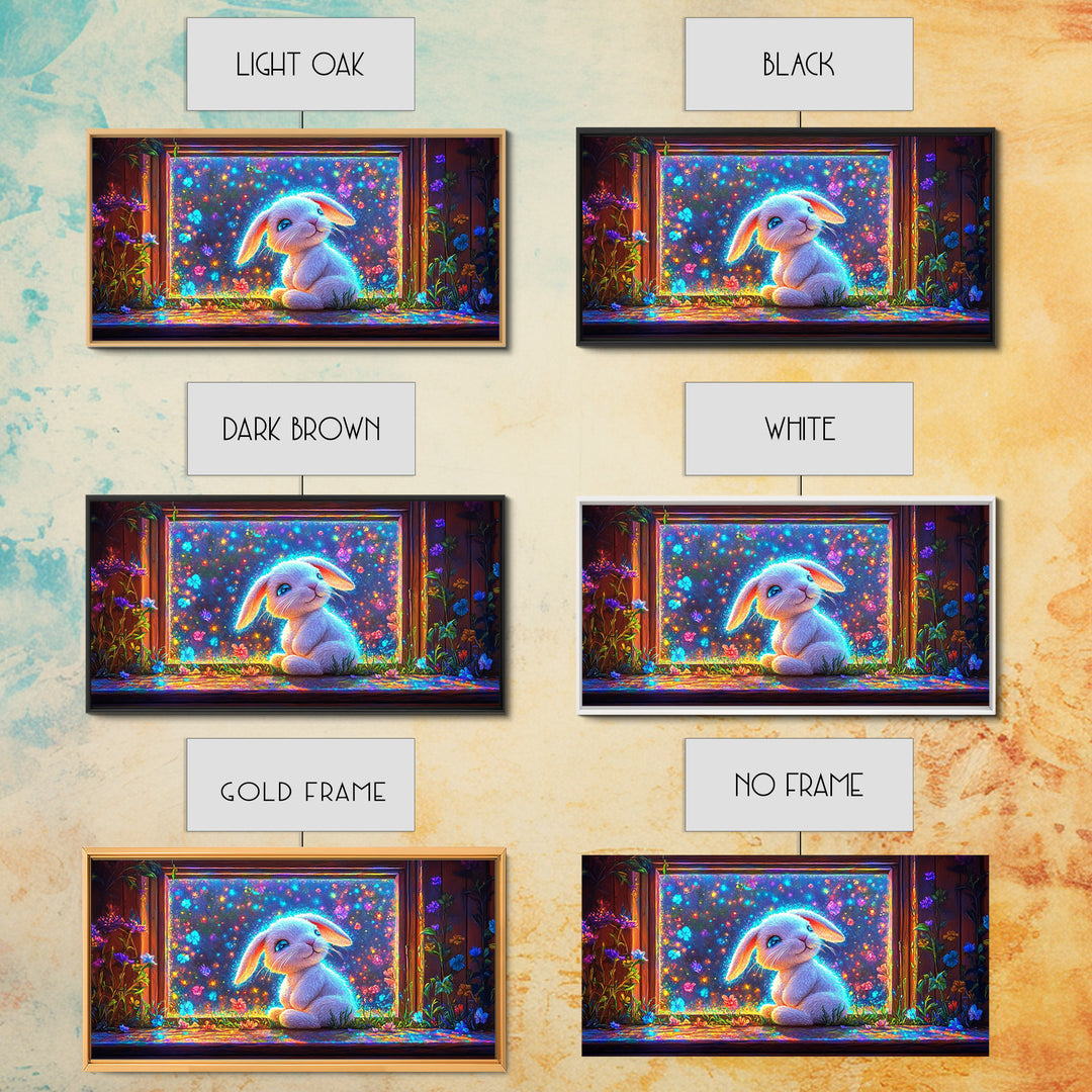 Glowing Bunny In Flower Window Canvas Print, Whimsical Wall Art, Nursery Decor, Kids Room Art, Cute Animal Gift, Baby Room Decor