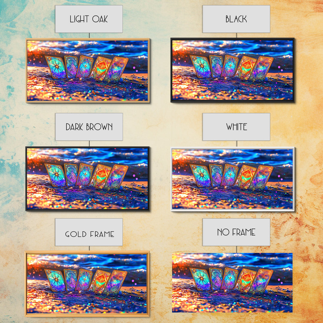 Glowing Tarot Cards On Ocean Shore Wall Art, Celestial Coastal Decor, Mystical Canvas Print, Witchy Gift For Her, Beach House Decor