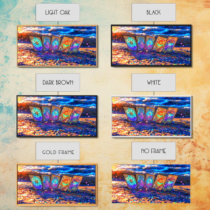 Glowing Tarot Cards On Ocean Shore Wall Art, Celestial Coastal Decor, Mystical Canvas Print, Witchy Gift For Her, Beach House Decor