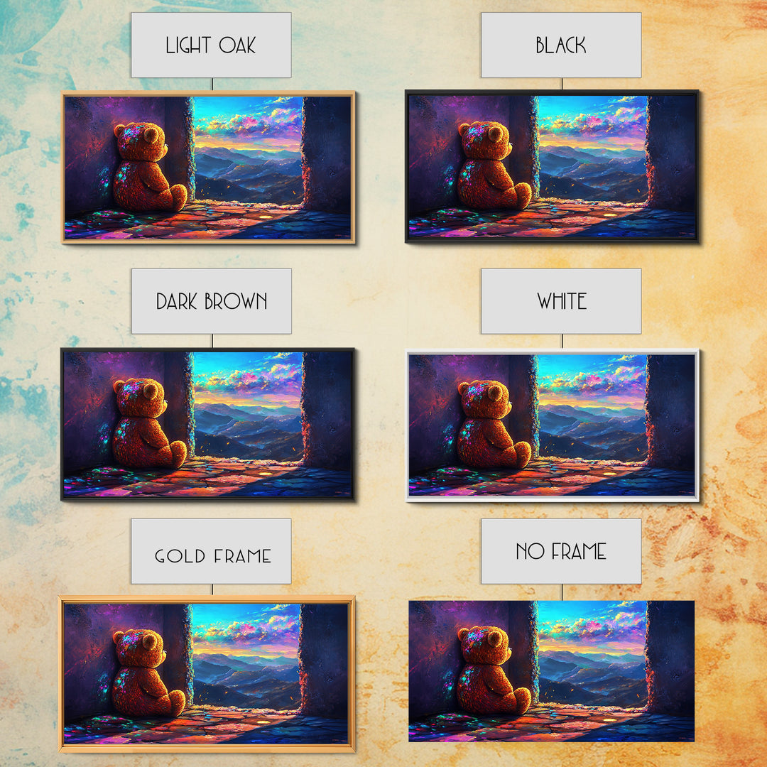 Teddy Bear Watching Mountain Sunset Wall Art, Whimsical Nursery Decor, Cozy Bedroom Canvas Print, Gift For Kids Room Wall Decor
