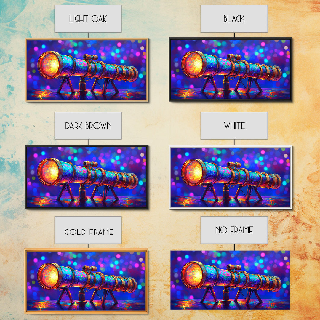 Rainbow Telescope With Cosmic Bokeh Wall Art, Astronomy Decor, Space Lover Canvas Print, Science Poster Gift For Him, Home Office Decor