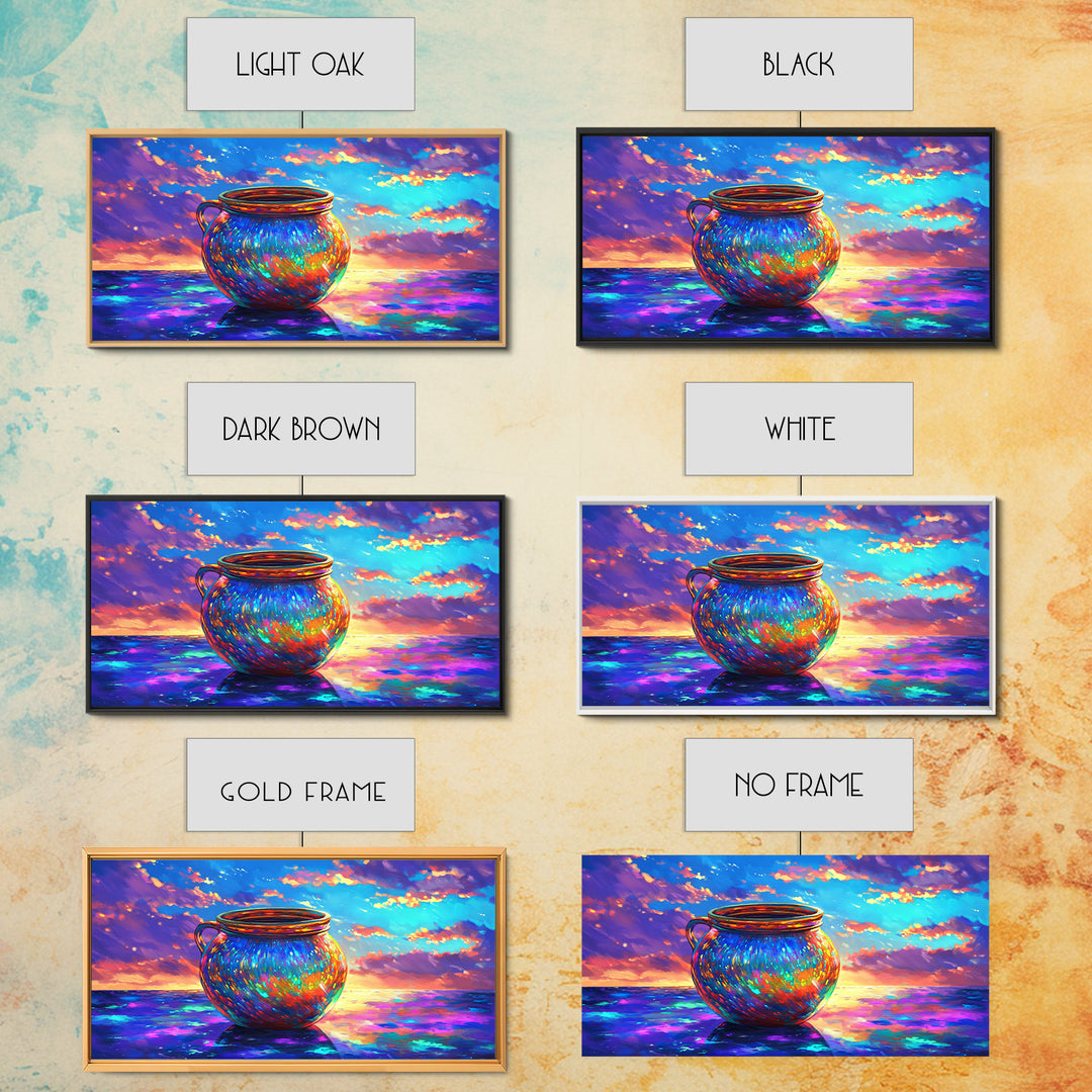 Iridescent Cauldron By Ocean Framed Canvas Print, Colorful Coastal Wall Art, Fantasy Seascape, Beach House Decor Gift Idea