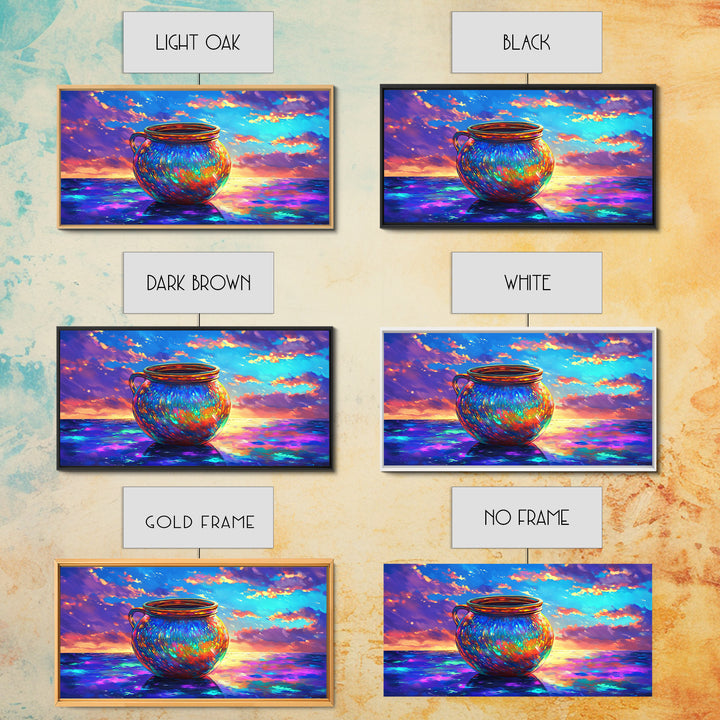 Iridescent Cauldron By Ocean Framed Canvas Print, Colorful Coastal Wall Art, Fantasy Seascape, Beach House Decor Gift Idea
