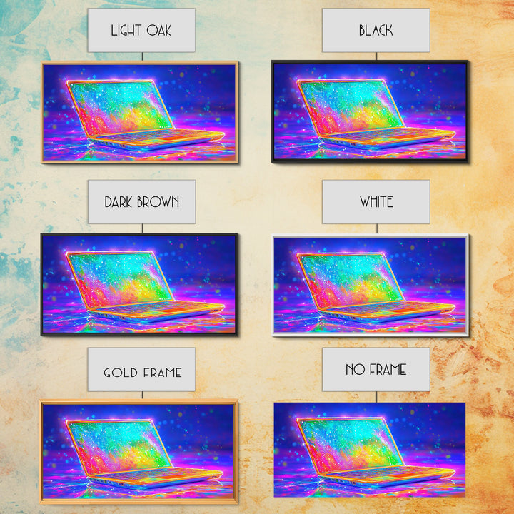 Neon Rainbow Laptop Canvas Print, Cyberpunk Office Wall Art, Tech Art, Gamer Room Decor, Futuristic Home Office Decor, Gift
