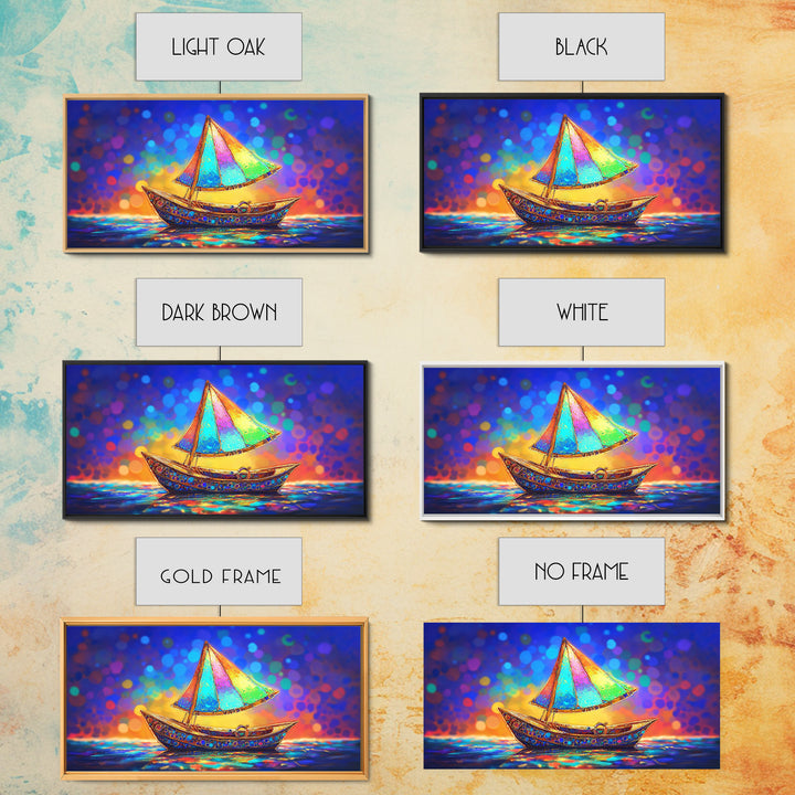 Glowing Rainbow Sailboat Canvas Print, Nautical Wall Art, Coastal Wall Decor, Ocean Nursery Decor, Beach House Decor, Seaside Art