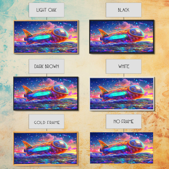 Rainbow Rocket Submarine Canvas Print, Futuristic Ocean Wall Art, Sci Fi Wall Decor, Space Lover Gift, Coastal Nursery Art