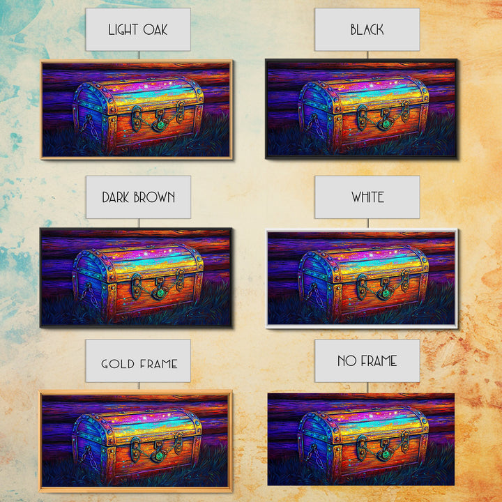 Rainbow Wooden Treasure Chest In Moonlit Grass Canvas Print, Fantasy Art, Whimsical Decor, Rustic Wall Art, Unique Gift, Home Decor