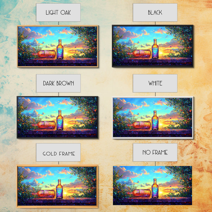 Sunset Garden Bottles On Stone Wall Framed Canvas Print, Colorful Wine Wall Art, Rustic Kitchen Decor, Housewarming Gift