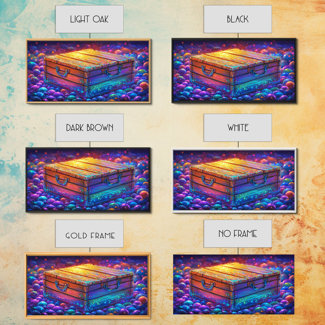Glowing Wooden Treasure Chest Canvas Print, Whimsical Fantasy Wall Art, Colorful Rustic Home Decor, Unique Housewarming Gift