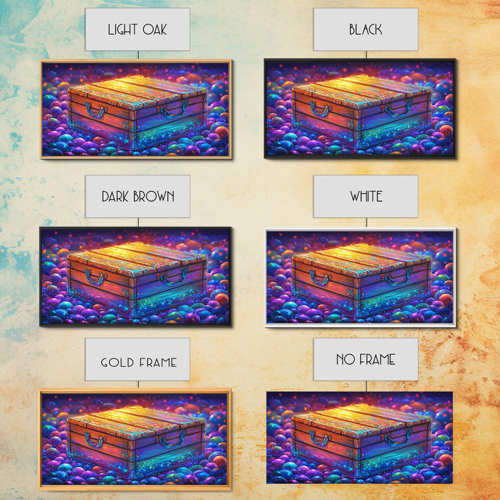 Glowing Wooden Treasure Chest Canvas Print, Whimsical Fantasy Wall Art, Colorful Rustic Home Decor, Unique Housewarming Gift