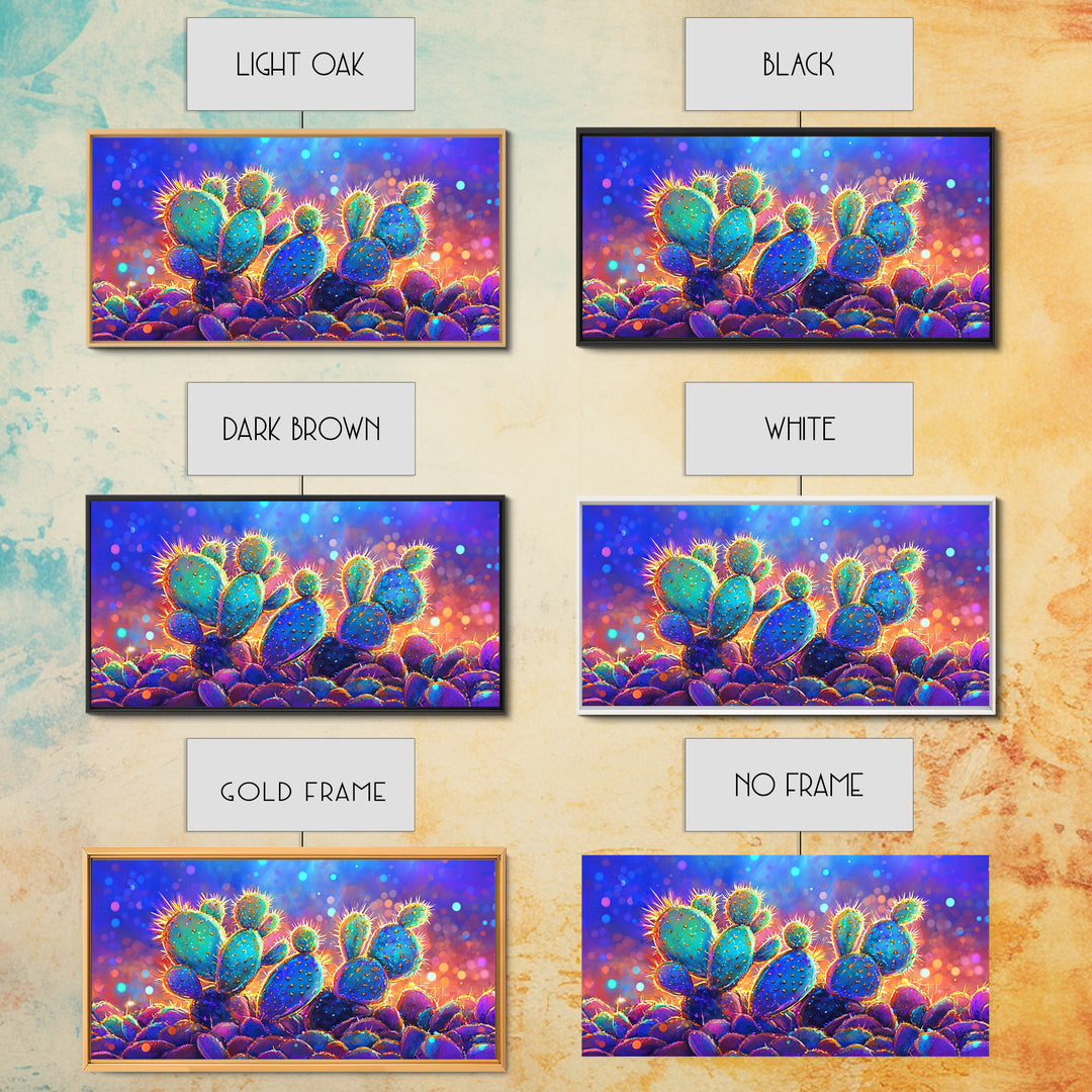 Glowing Prickly Pear Cactus At Twilight Wall Art, Vibrant Desert Canvas, Colorful Southwestern Decor, Boho Living Room Print