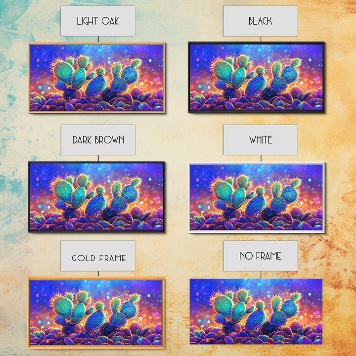 Glowing Prickly Pear Cactus At Twilight Wall Art, Vibrant Desert Canvas, Colorful Southwestern Decor, Boho Living Room Print