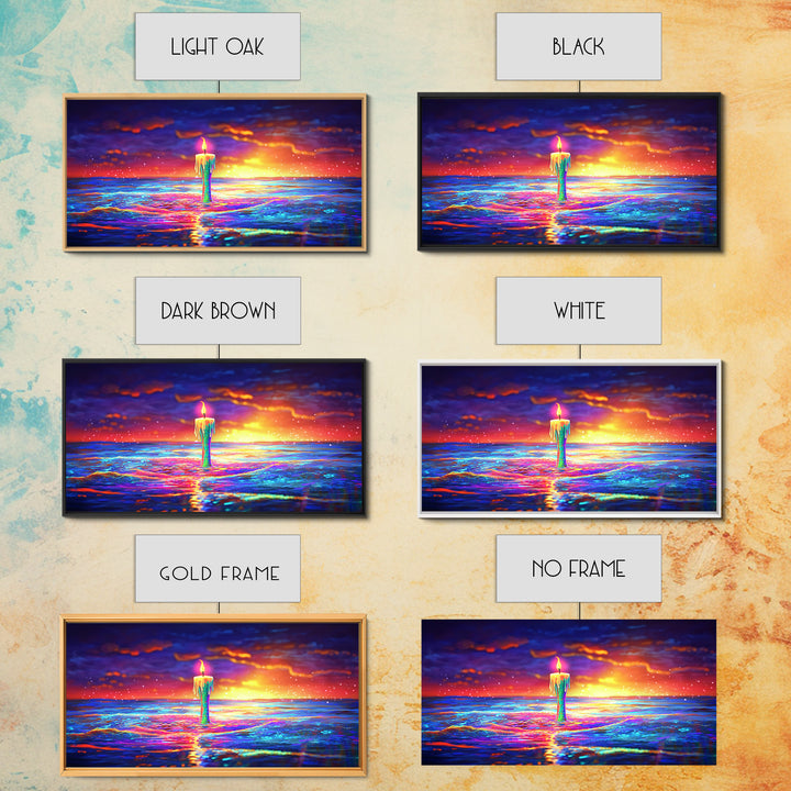 Tall Candle Burning Over Sunset Sea Wall Art, Colorful Seascape Canvas, Coastal Meditation Home Decor And Serene Ocean Print