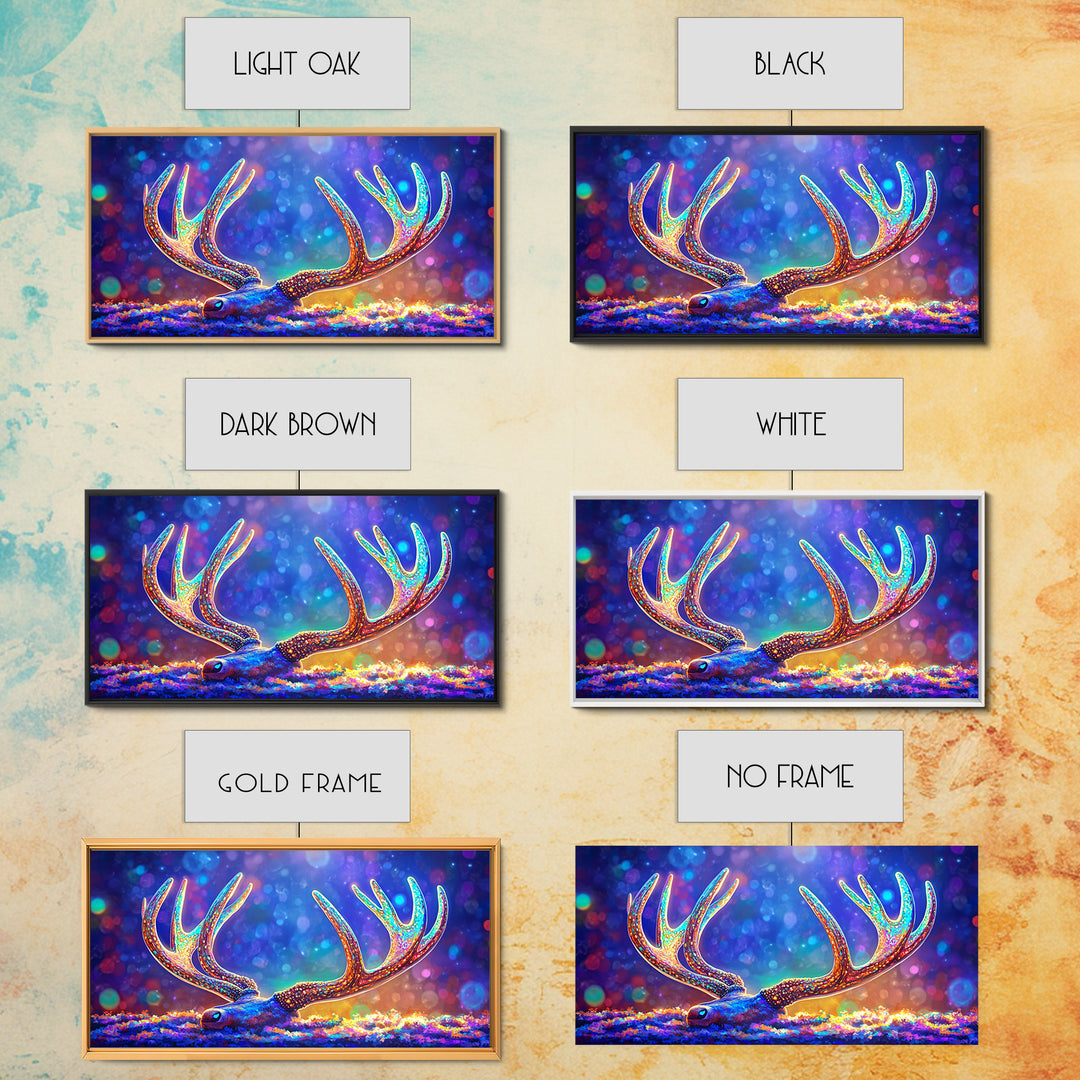 Glowing Deer Antlers Wall Art, Surreal Wildlife Print, Colorful Nature Decor, Rustic Cabin Gift, Whimsical Animal Canvas
