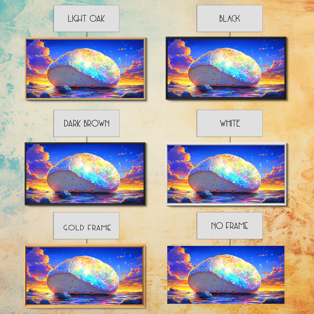 Glowing Rainbow Sea Stone At Sunset Wall Art, Colorful Coastal Canvas, Surreal Beach Decor, Ocean Landscape Living Room Print