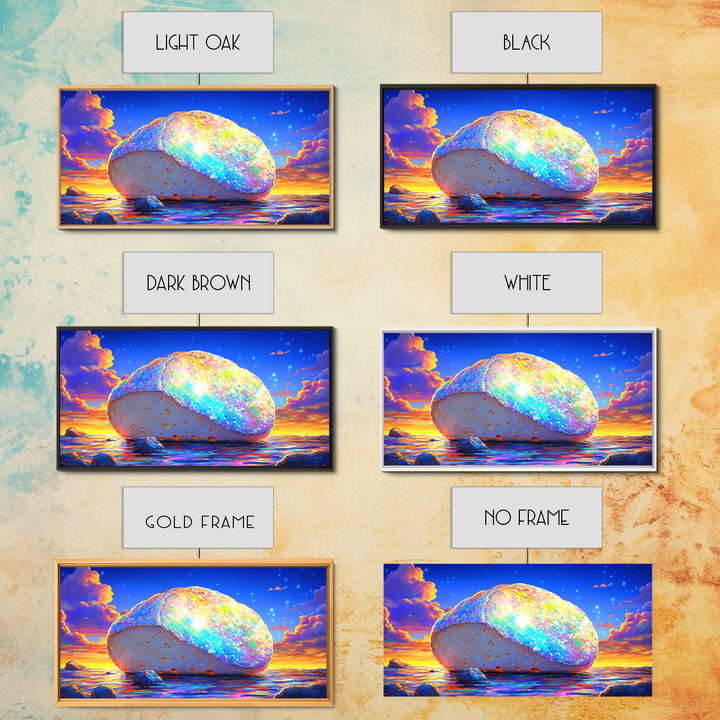 Glowing Rainbow Sea Stone At Sunset Wall Art, Colorful Coastal Canvas, Surreal Beach Decor, Ocean Landscape Living Room Print