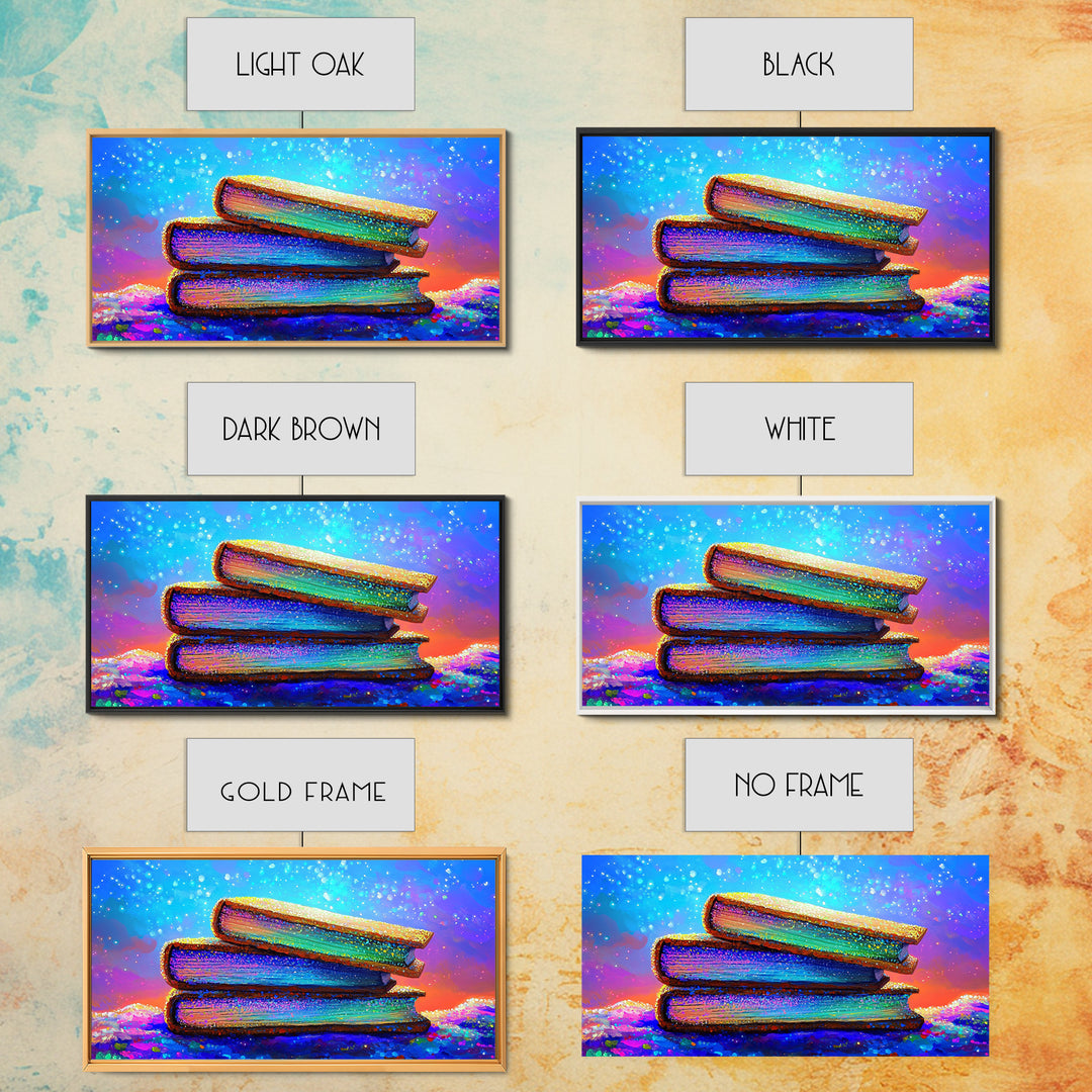 Stacked Rainbow Books Under Starry Sky Canvas Print, Book Lover Wall Art, Library Decor, Cozy Reading Nook Gift For Home Office Decor
