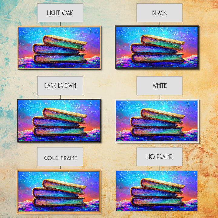 Stacked Rainbow Books Under Starry Sky Canvas Print, Book Lover Wall Art, Library Decor, Cozy Reading Nook Gift For Home Office Decor