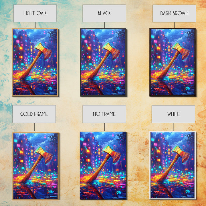 Neon Axe In Rainy City Framed Canvas Print, Cyberpunk Wall Art, Dystopian Decor, Gamer Room Art, Unique Gift For Him, Home Decor