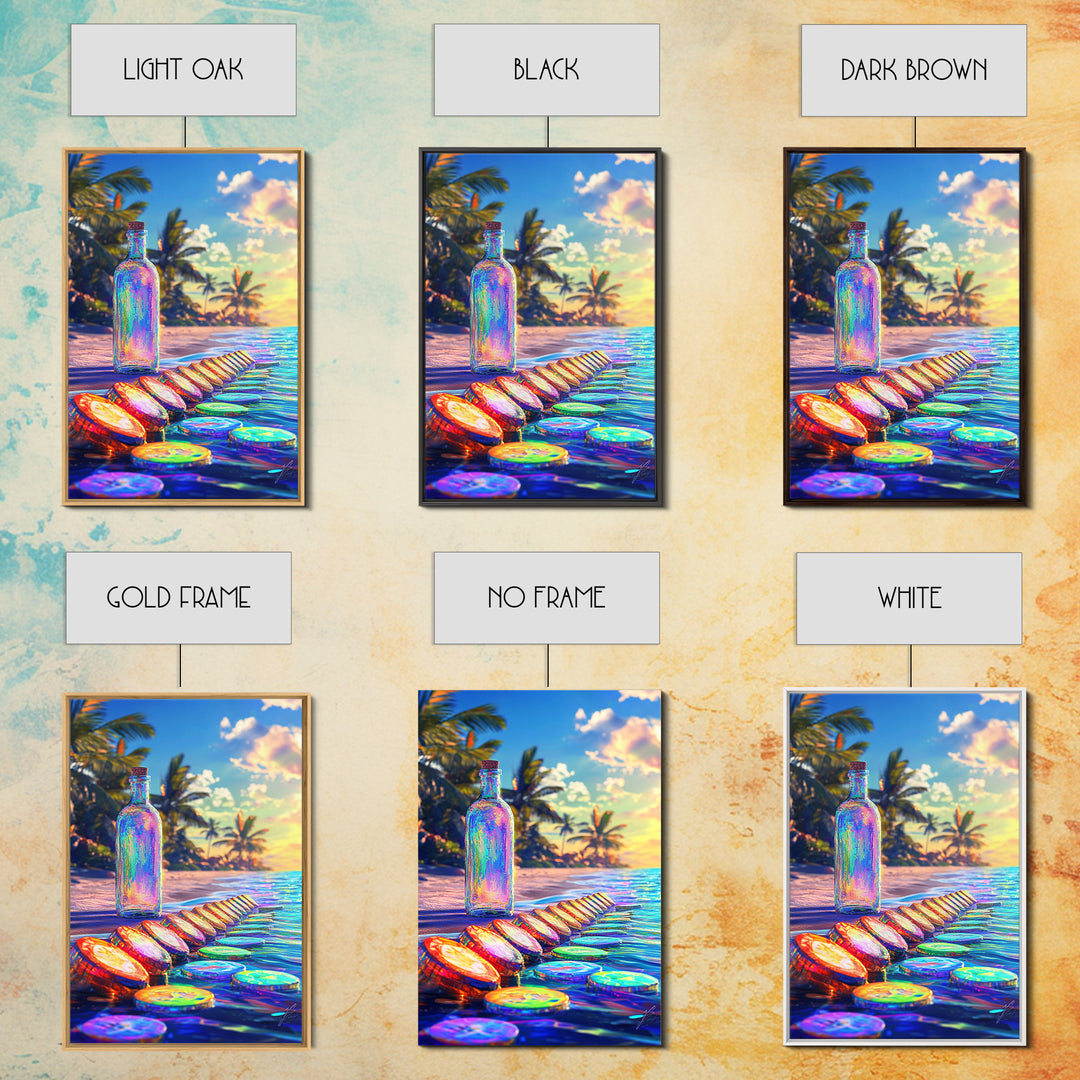 Rainbow Glass Bottle On Tropical Beach Canvas Print, Coastal Wall Art, Beach House Decor, Ocean Art Print, Summer Home Decor