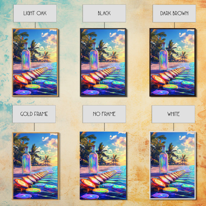 Rainbow Glass Bottle On Tropical Beach Canvas Print, Coastal Wall Art, Beach House Decor, Ocean Art Print, Summer Home Decor