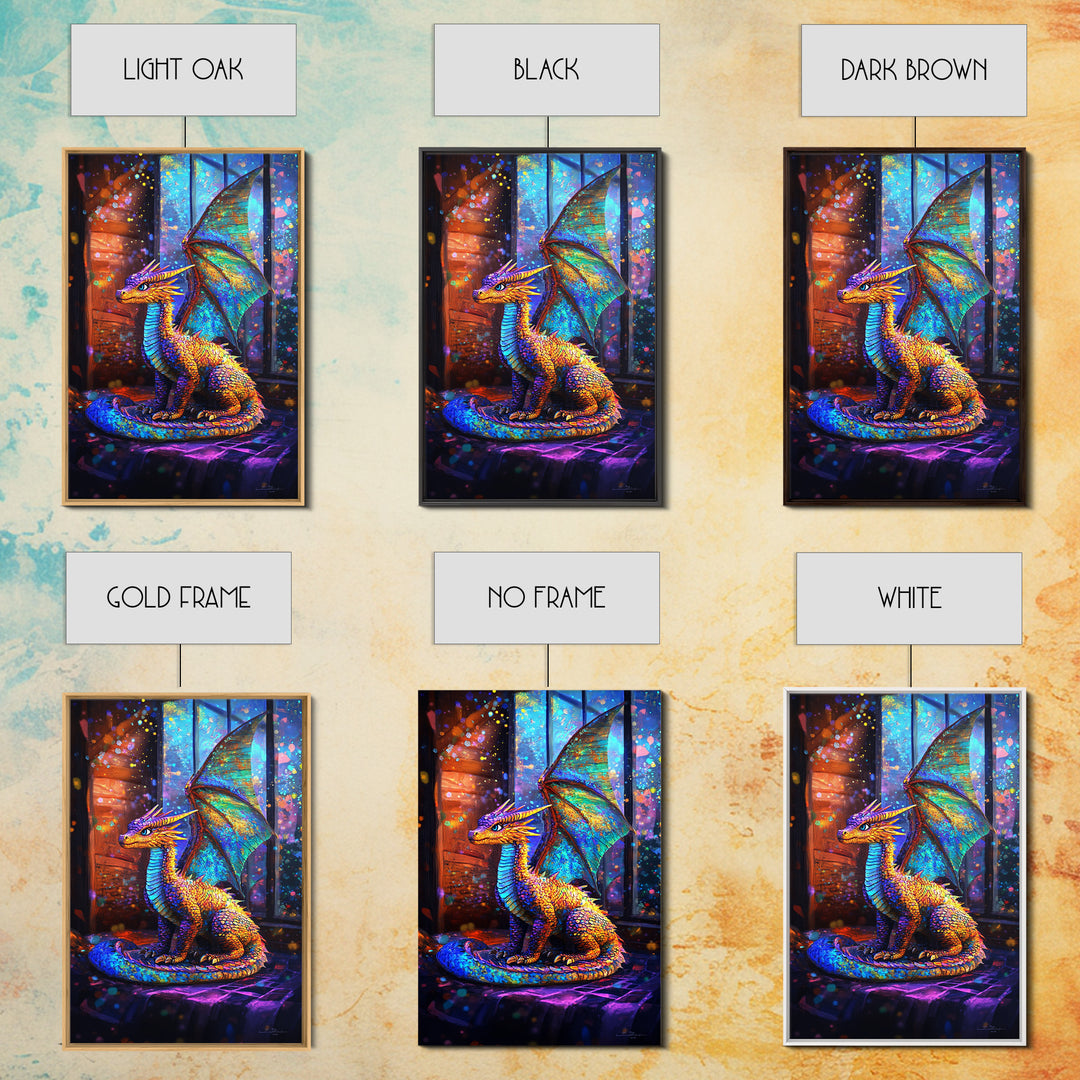 Iridescent Baby Dragon On Windowsill Wall Art, Fantasy Art, Whimsical Decor, Kids Room Art, Dragon Gift, Framed Canvas Print