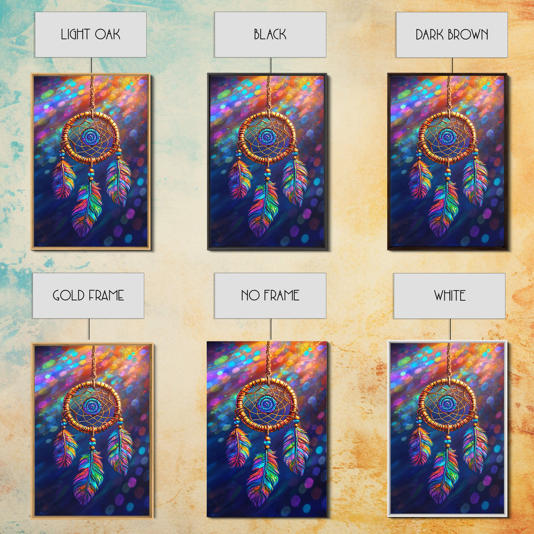 Rainbow Feather Dreamcatcher Wall Art, Boho Wall Decor, Spiritual Art, Celestial Decor, Whimsical Gift, Framed Canvas Print