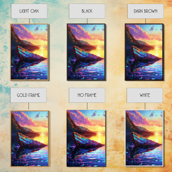 Iridescent Driftwood Boat On Mountain Lake Canvas Print, Sunset Landscape Art, Coastal Wall Decor, Colorful Nature Print