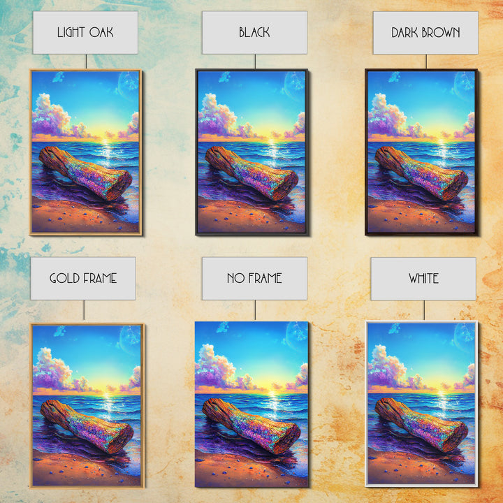Rainbow Driftwood Log On Sunny Ocean Beach Canvas Print, Coastal Wall Art, Seascape Decor, Beach House Art, Large Wall Decor