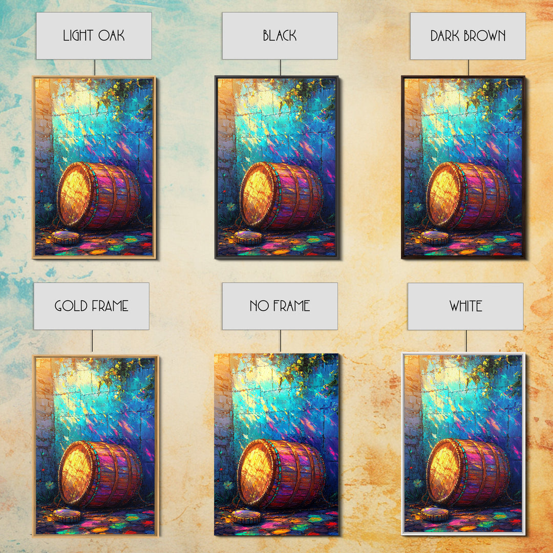 Sunlit Wooden Barrel Against Turquoise Wall Canvas Print, Rustic Kitchen Wall Art, Farmhouse Decor, Colorful Courtyard Print